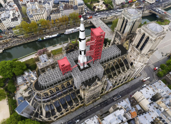 Diseñador propone plataforma de lanzamiento de cohetes en la catedral de Notre Dame