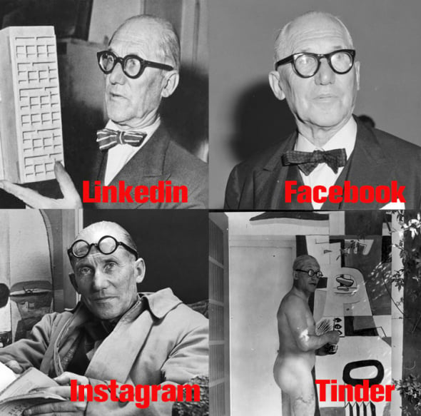 Humor en la arquitectura. Las fotos de perfil de Le Corbusier en Linkedin, Facebook, Instagram y Tinder.