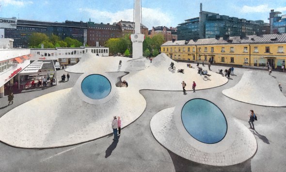 Museo subterráneo en Helsinki se ilumina a través de una plaza pública