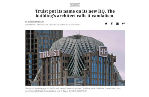 Ponen logos en torre y el arquitecto que la diseñó los acusa de vandalismo 